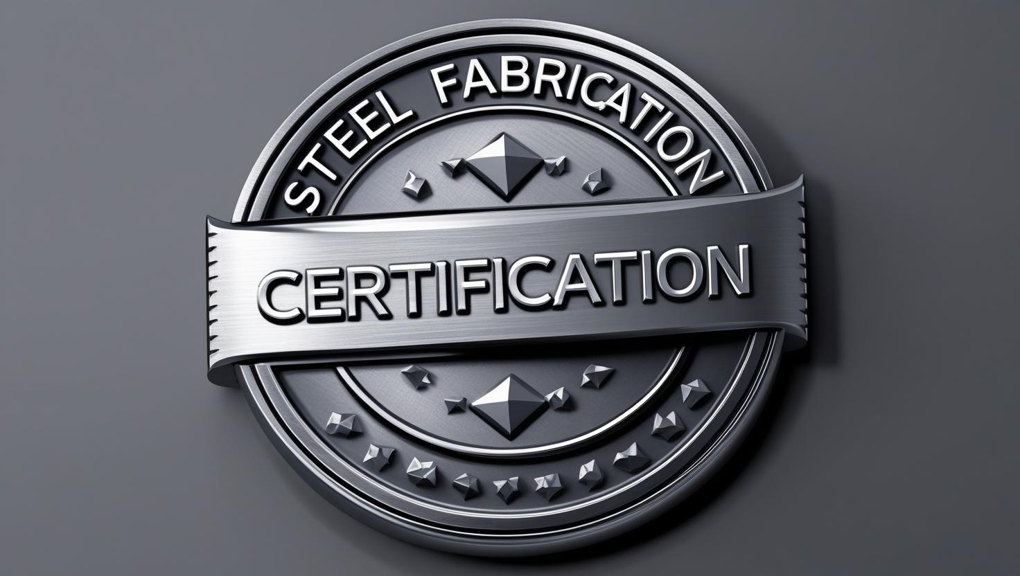 modern steel fabrication certification badge, metal texture, round stamp style, professional look
