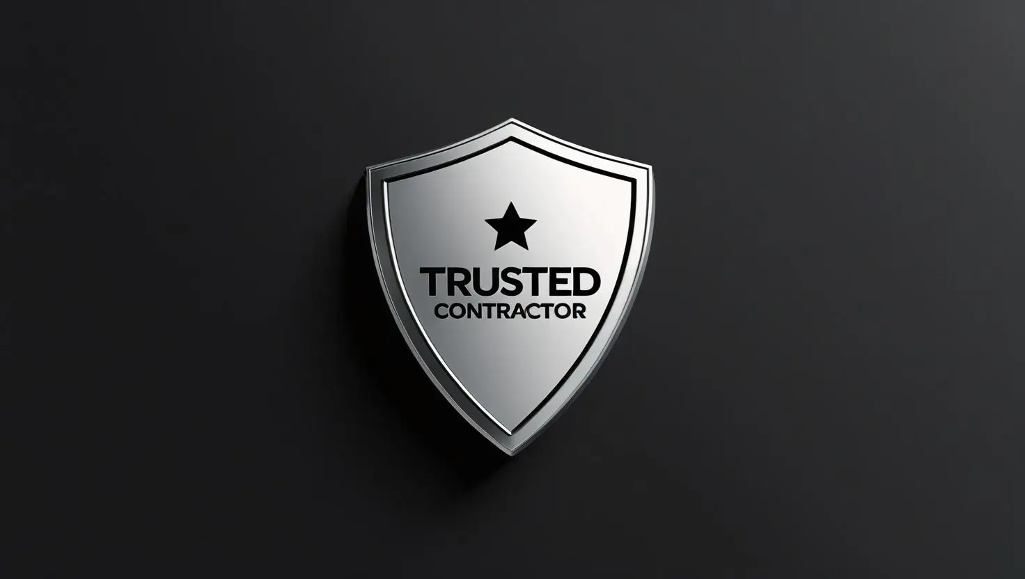 trusted contractor badge design, shield shape, clean and minimal, black and silver